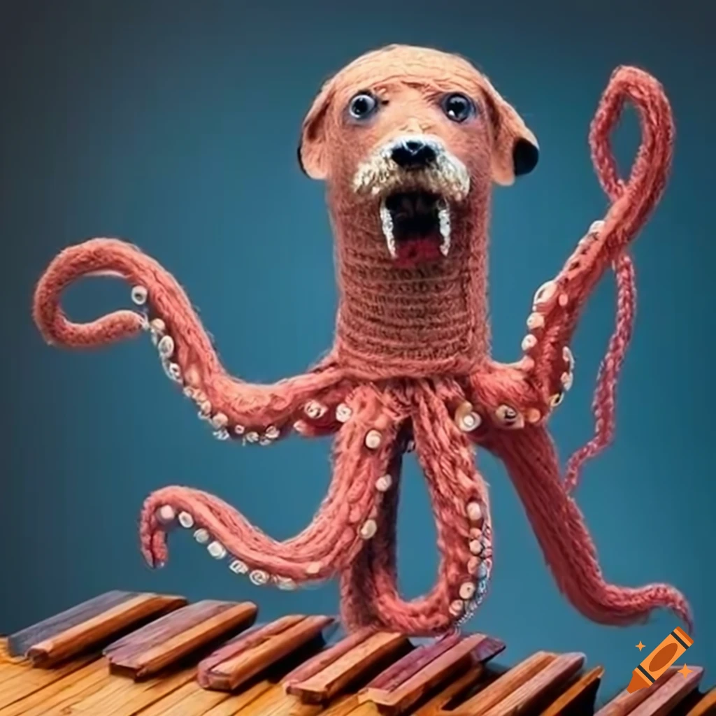 yarn art of an octopus dog playing a marimba
