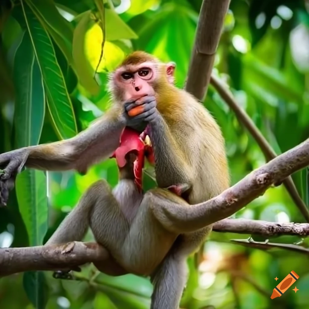 Monkey eating fish on a mango tree on Craiyon