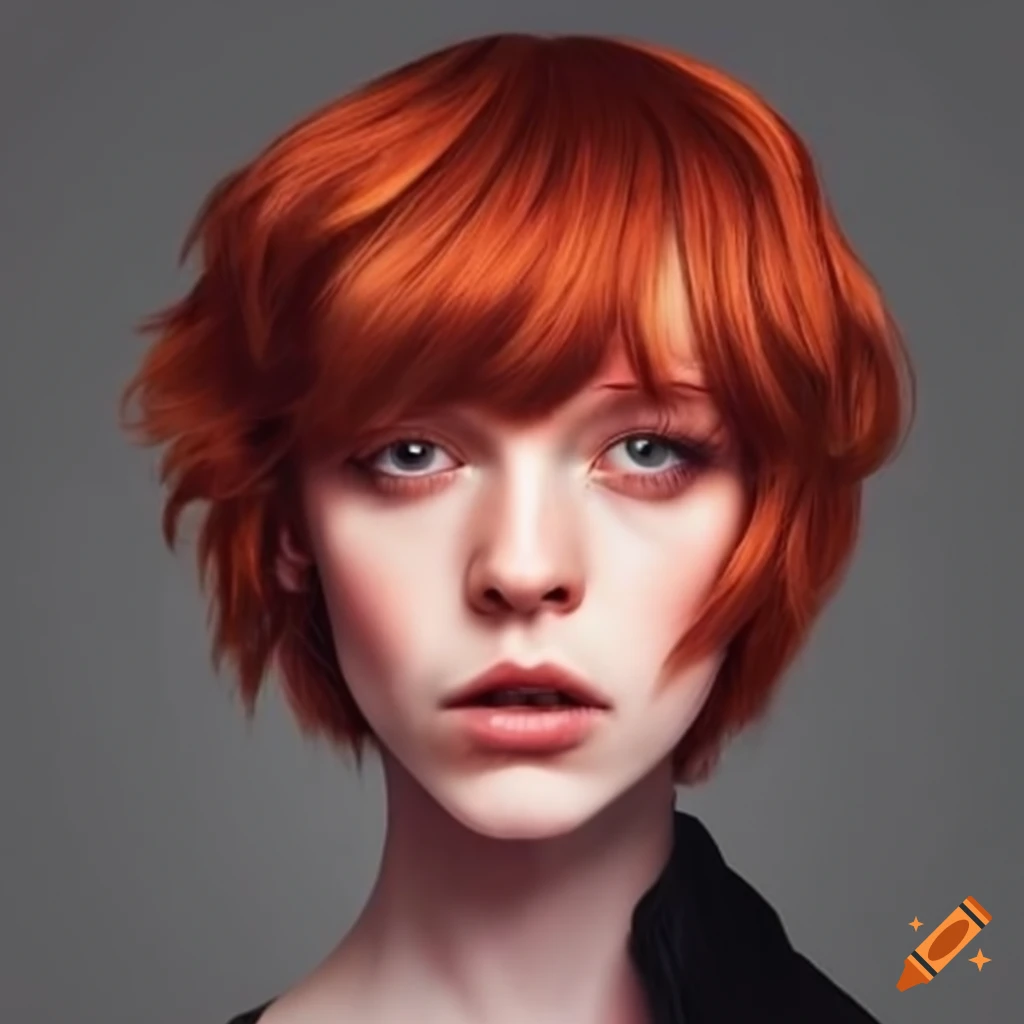 portrait of a person with wavy red hair and bangs