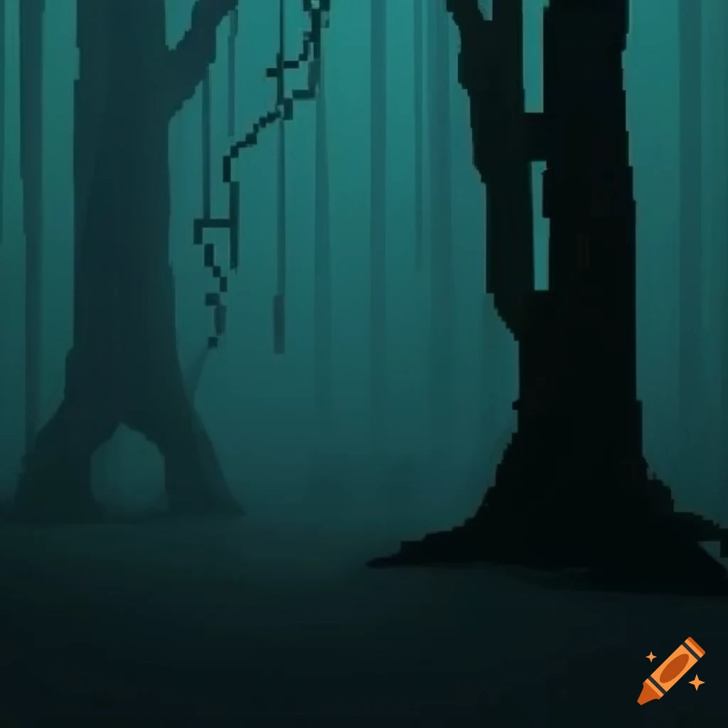 Pixelated eerie forest at night on