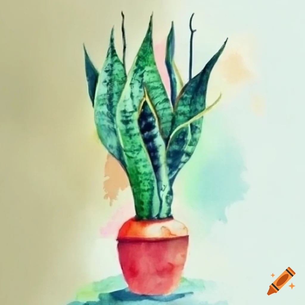 Watercolor of a tall snake plant in a vase
