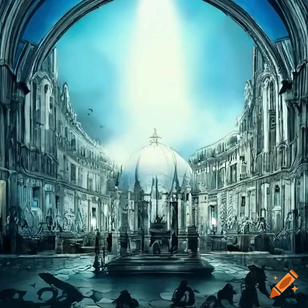 Mystical city with shining domes and statues