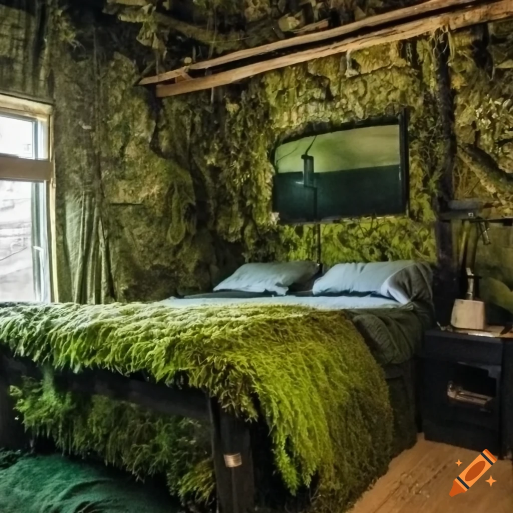 Mossy postapocalyptic bedroom with a lake inside on Craiyon