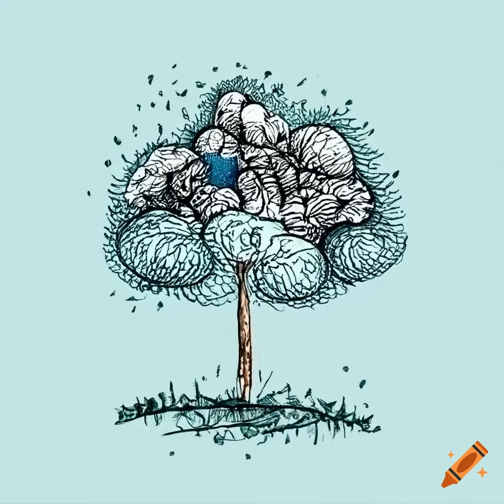 ink drawing of a tree with birds and clouds