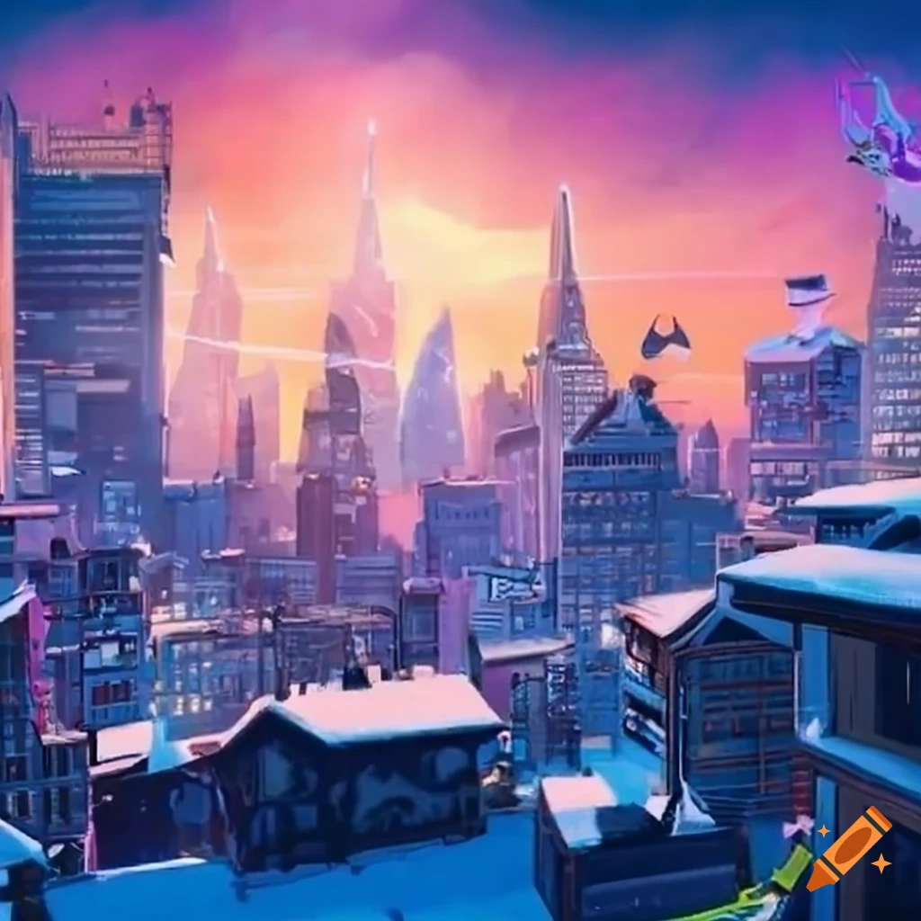 video game screenshot of a snowboarder in a futuristic cityscape