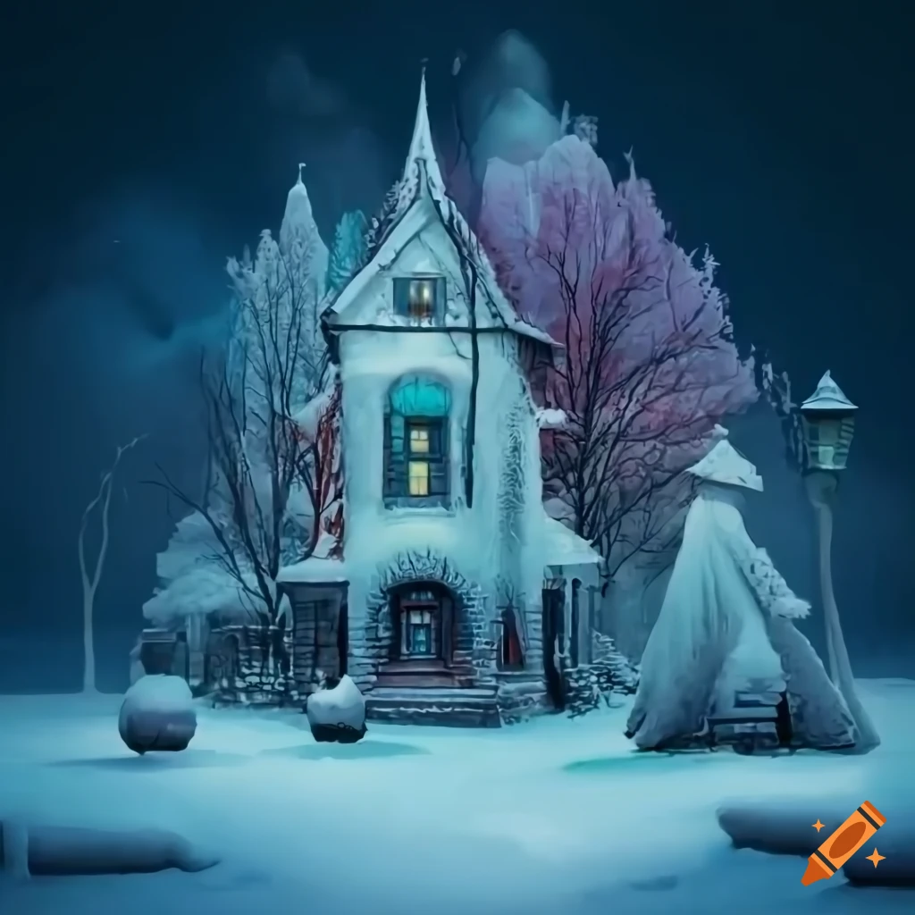 surrealistic winter scene with sparkling creatures in a park