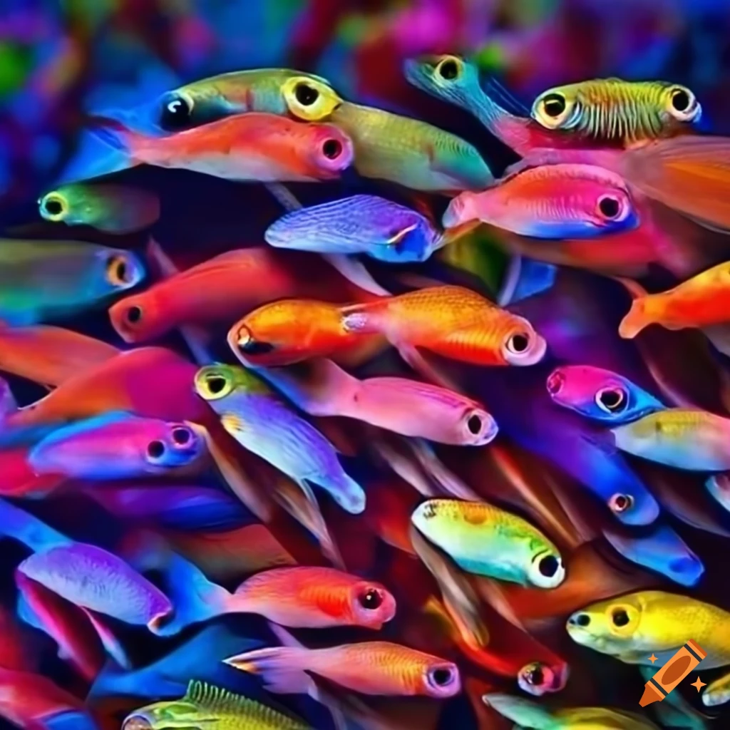 Picture of colorful small fish swimming together on Craiyon