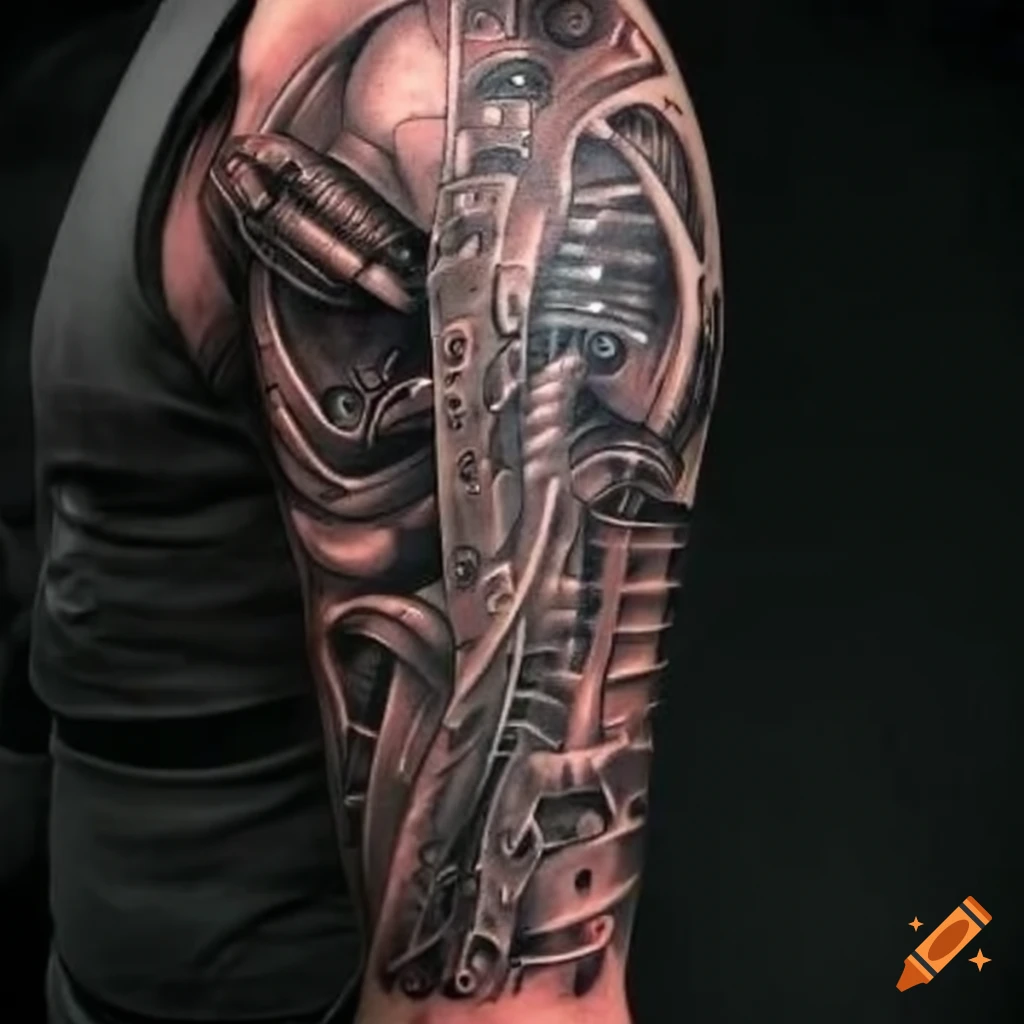 Generate an image for your forearm tattoo: a futuristic composition  featuring characters from tool's music videos, including bones, gears,  screws, metal nuts, and the eye of horus, all surrounded or enveloped by