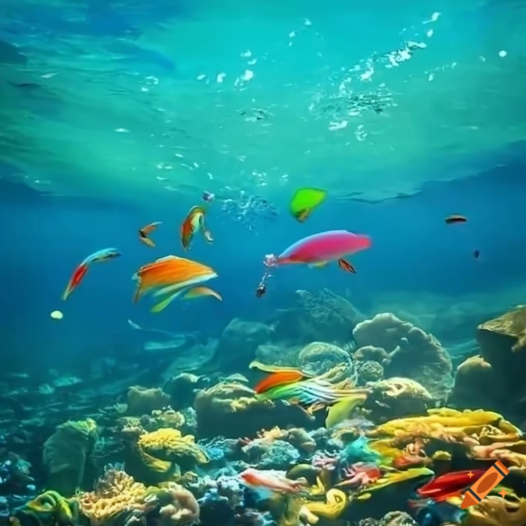 rainbow-colored sea with jumping fish