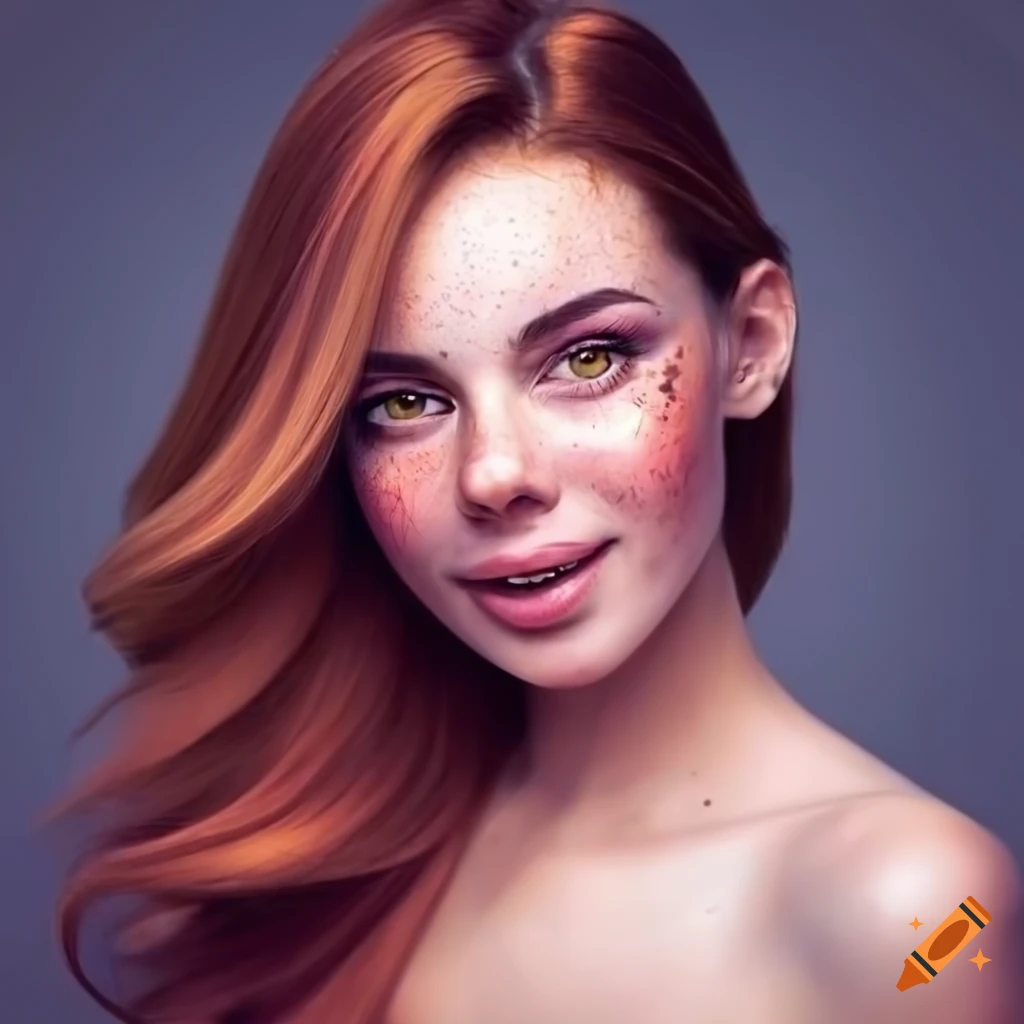 Portrait of a young woman with freckles and chestnut hair on Craiyon