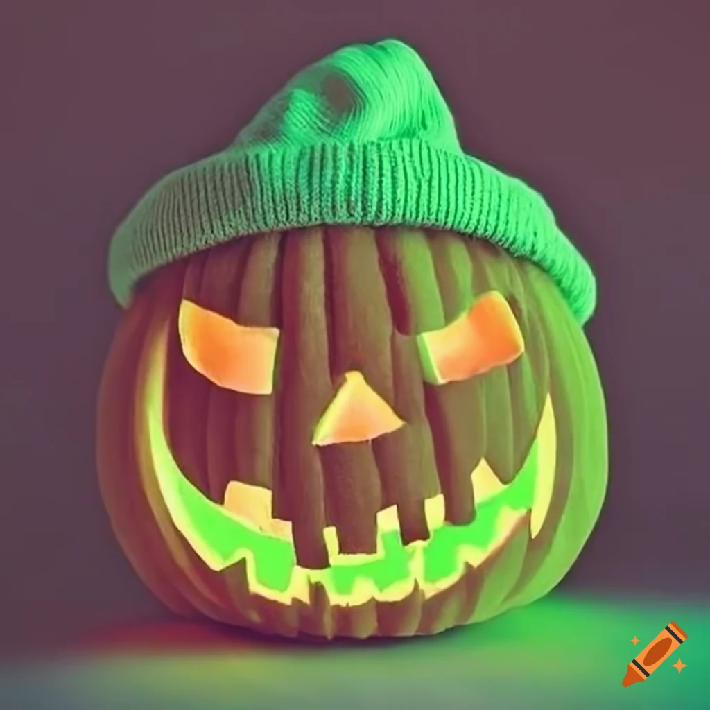neon green beanie-wearing jack-o-lantern