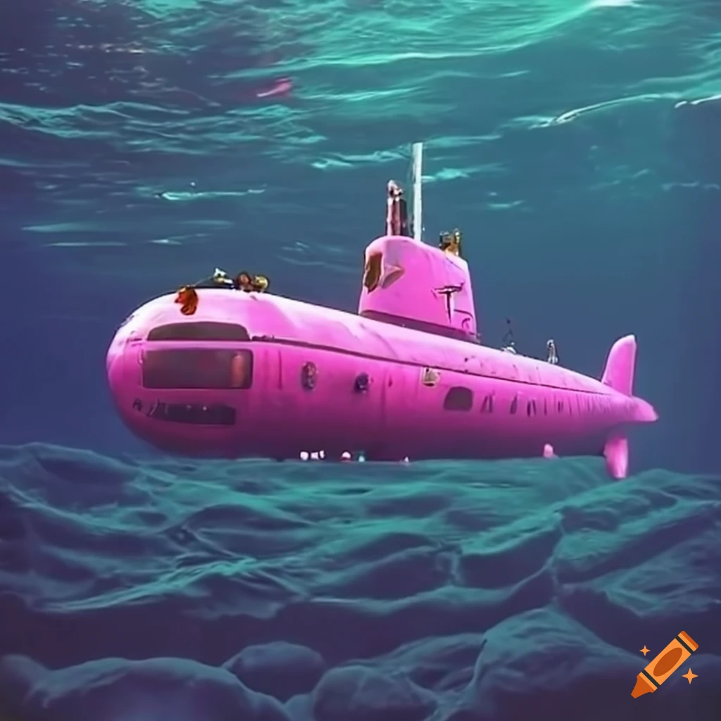 Pink submarine and damaged submarine at the bottom of the ocean
