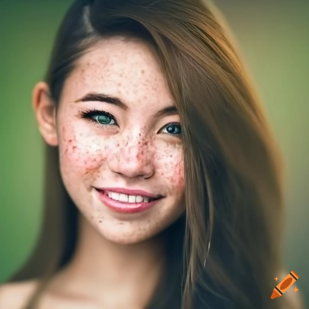 portrait of a beautiful young woman with freckles and green eyes