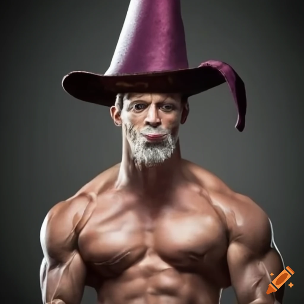 Bodybuilder wearing a wizard hat on Craiyon