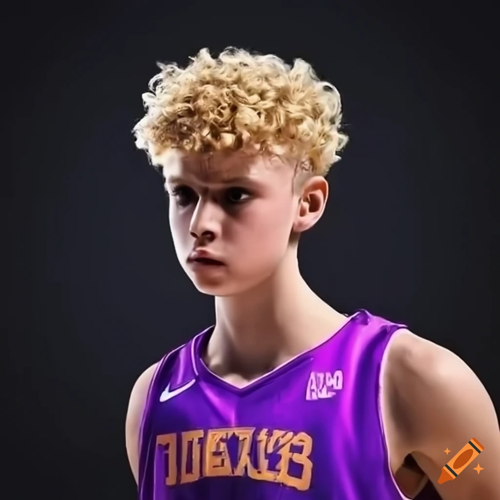 Muscular teenager with short curly hair playing basketball