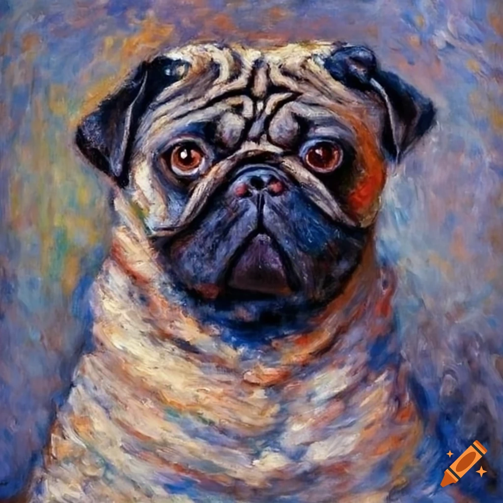 Claude Monet painting of a pug on a dog bed on Craiyon