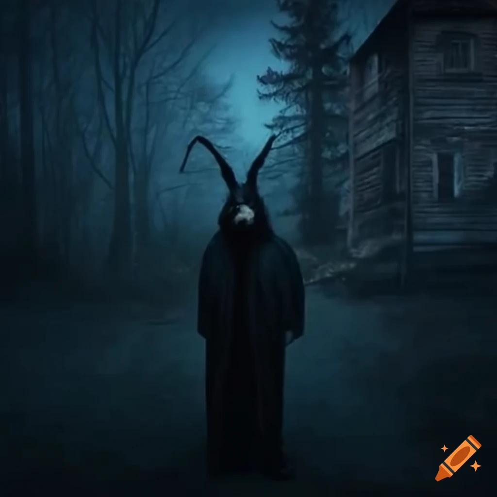 creepy bunnyman outside an old house at night