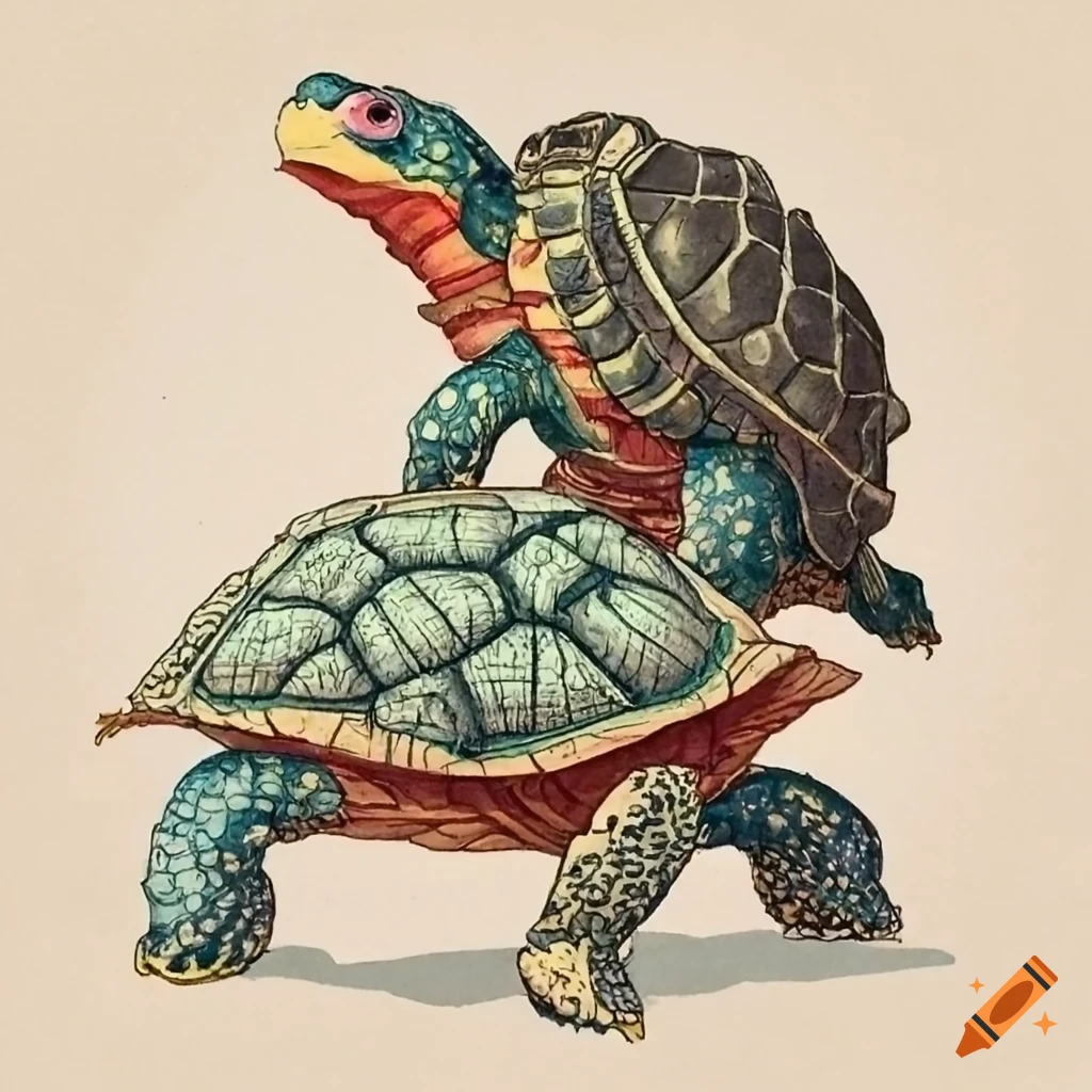 ukiyo-e style artwork of a colossus and turtle fusion