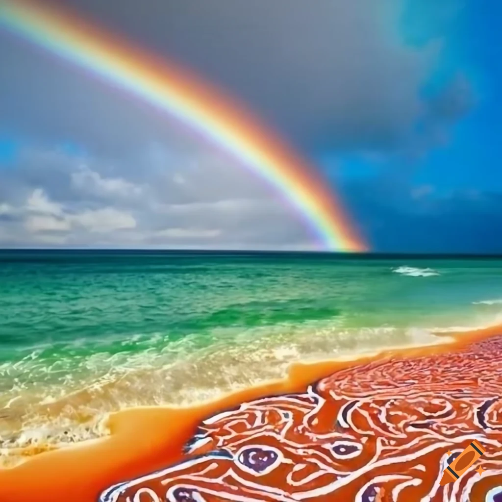 Aboriginal art boomerang with a rainbow over a beach
