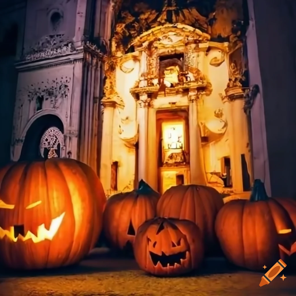 Halloween pumpkins in front of Havana Cathedral