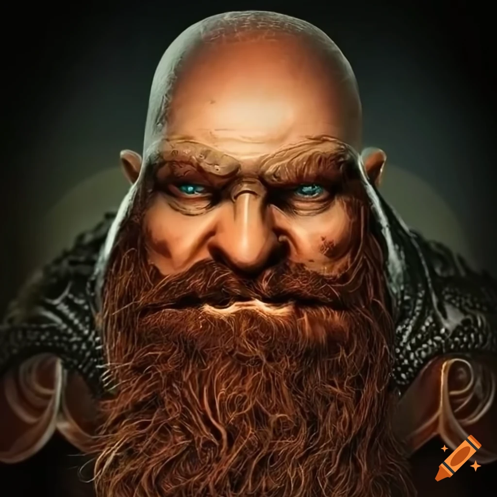 Portrait of a bald dwarf with a wild copper beard