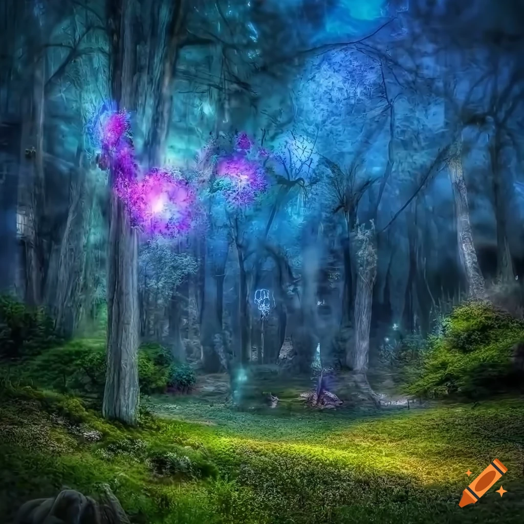 highly detailed fantasy forest with fairies and gnomes