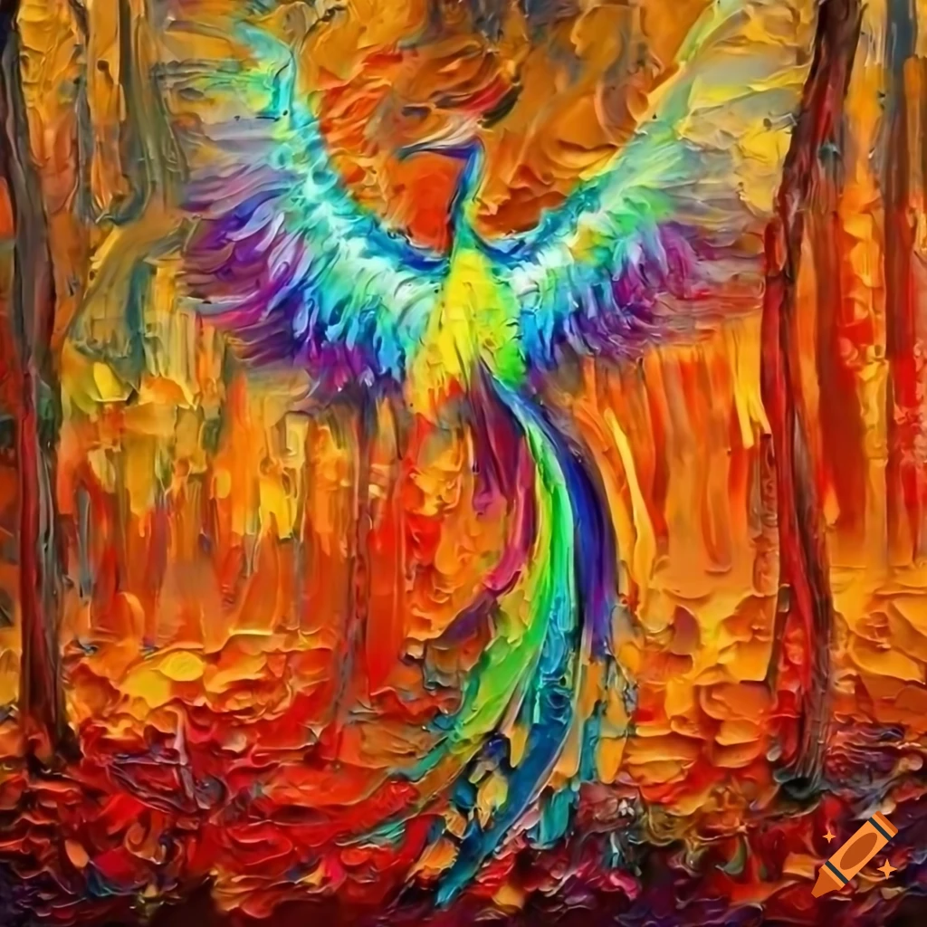 palette-knife-painting-of-a-rainbow-phoenix-in-a-forest-on-craiyon