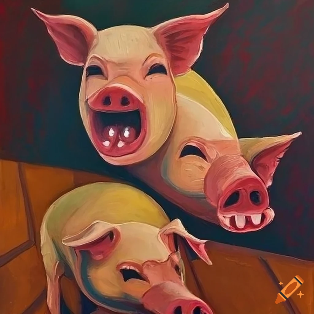 surreal acrylic painting of three screaming pigs