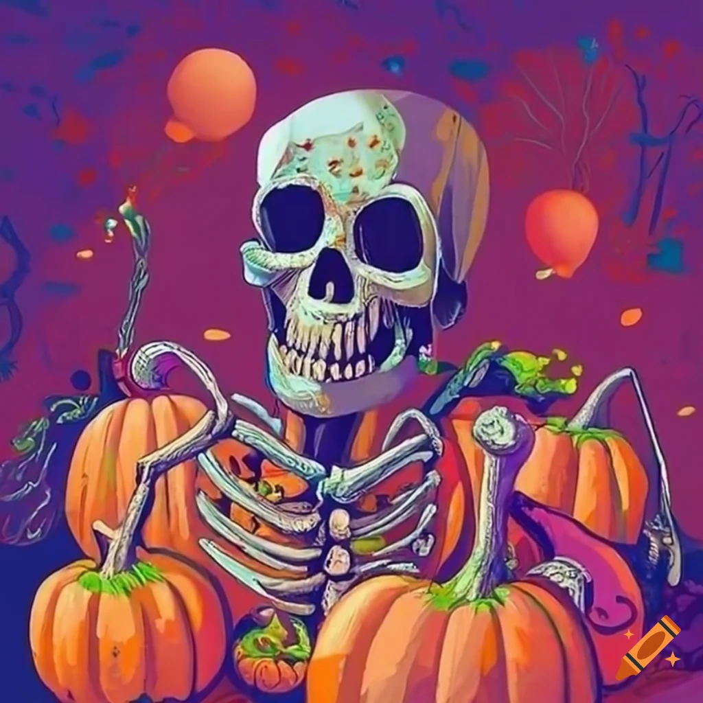 skeletons on a pumpkin-lit path
