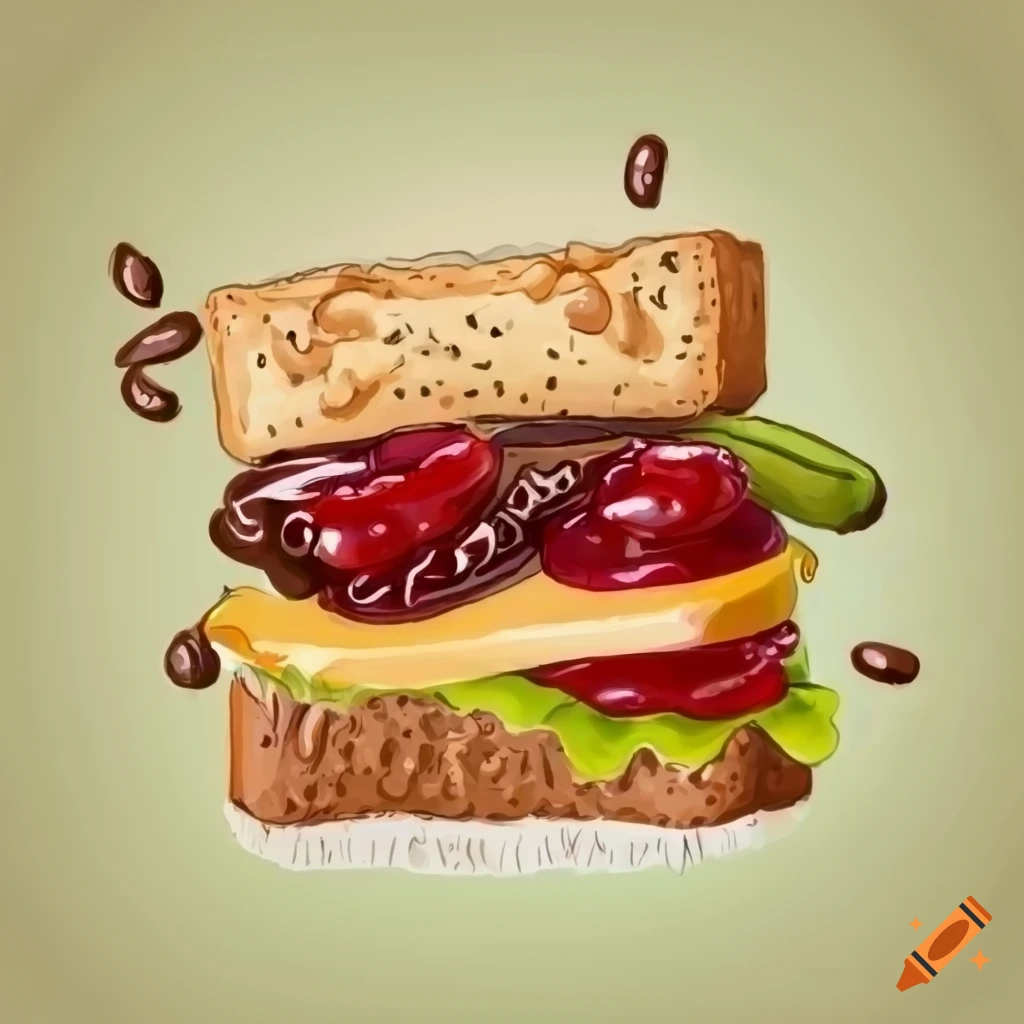 Illustration of a funny sandwich with peanut butter, jelly, pickles