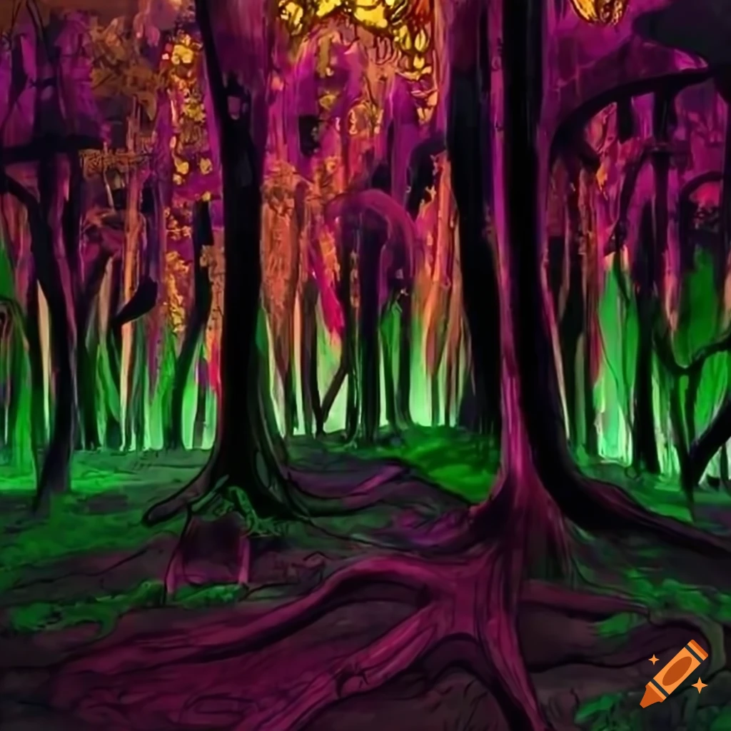 colorful and eerie manga-style forest