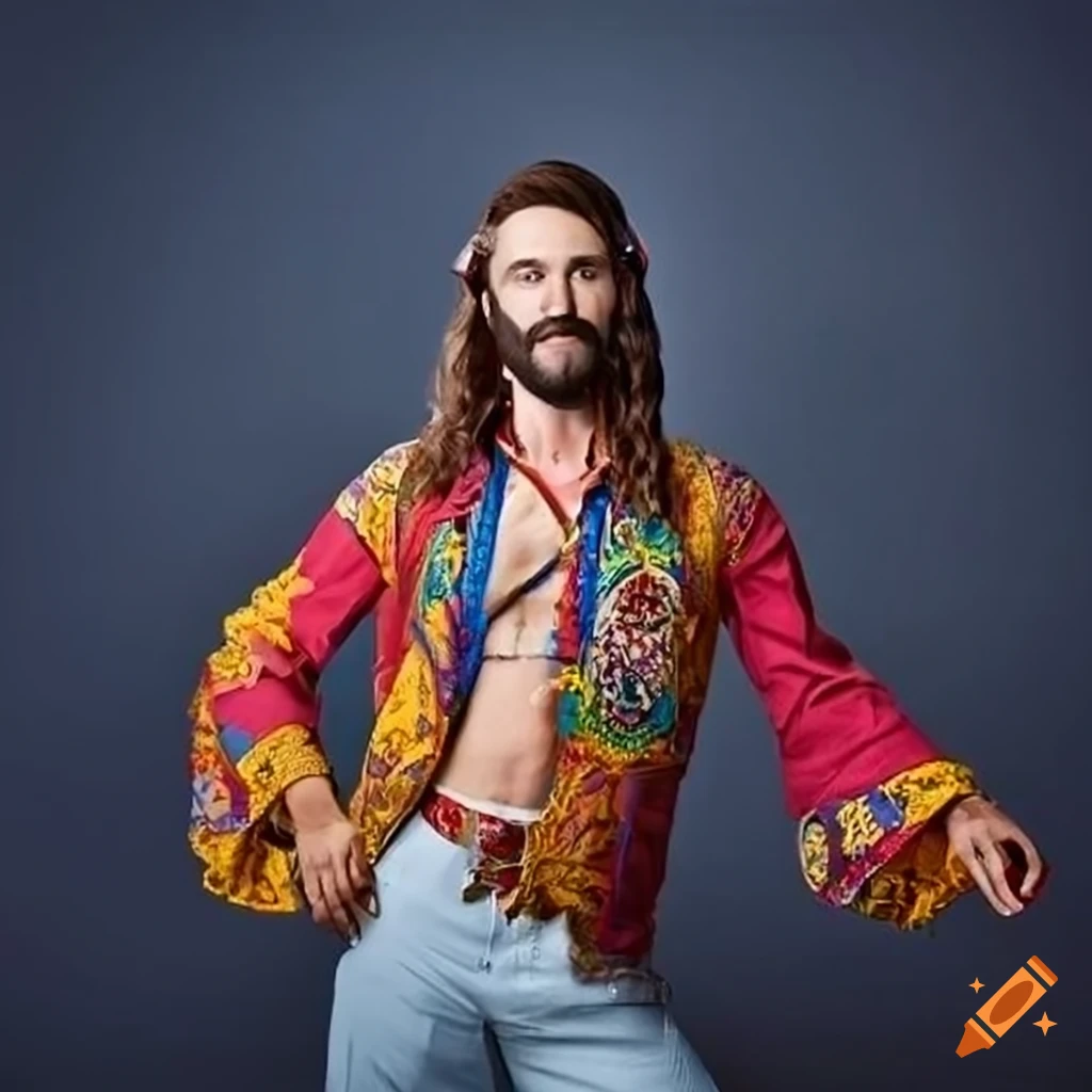 Hyperrealistic depiction of a man in hippie clothing on Craiyon