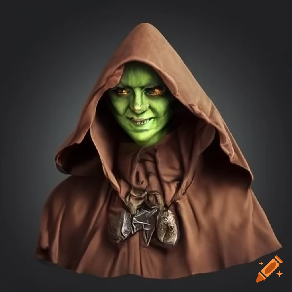 Goblin sorcerer wearing a hood with trinkets on Craiyon