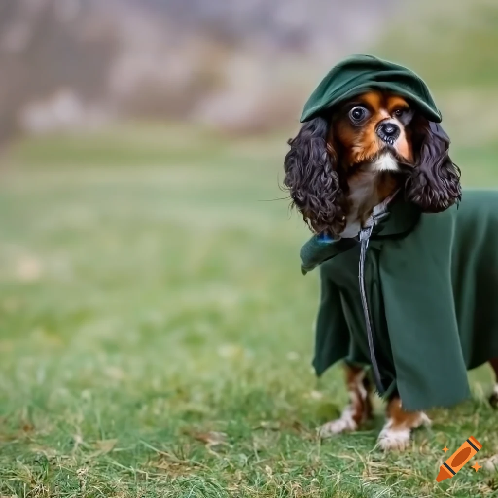 Wizard dog with a wooden staff in the mountains