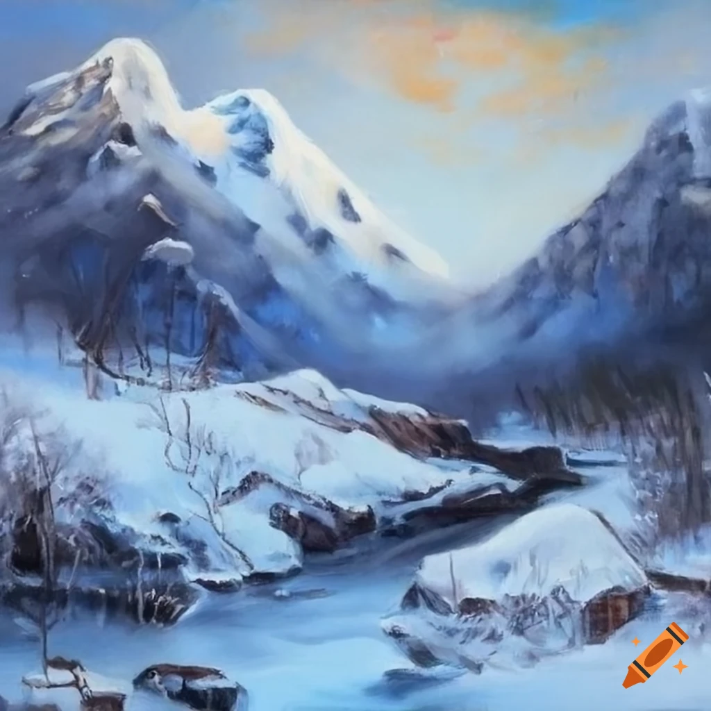 Japanese oil painting of snowy mountainside