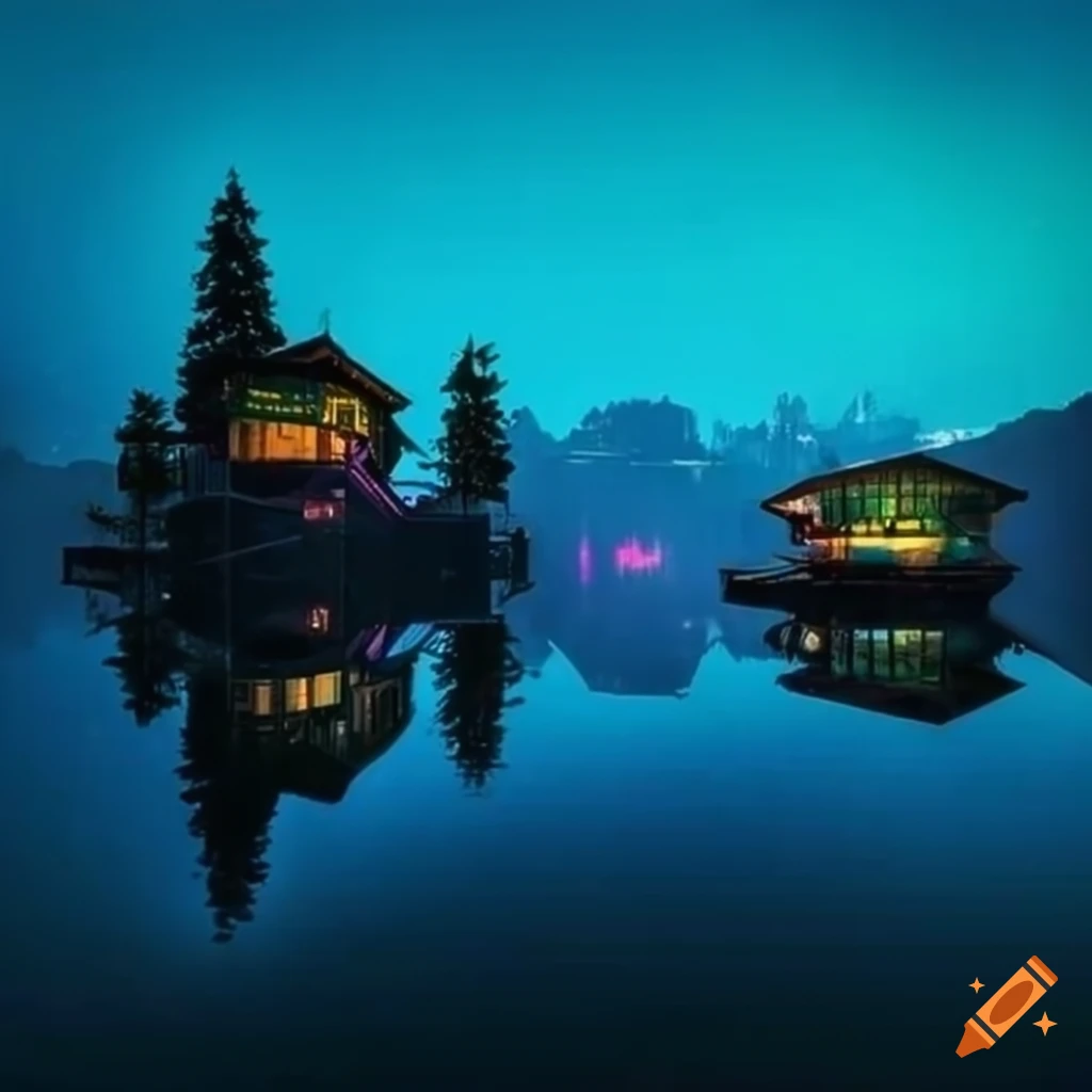solarpunk lake resort in Switzerland during Indian summer
