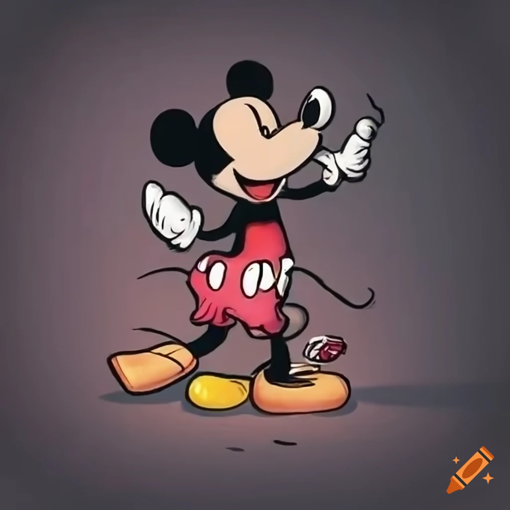 satirical portrayal of Mickey Mouse in distress