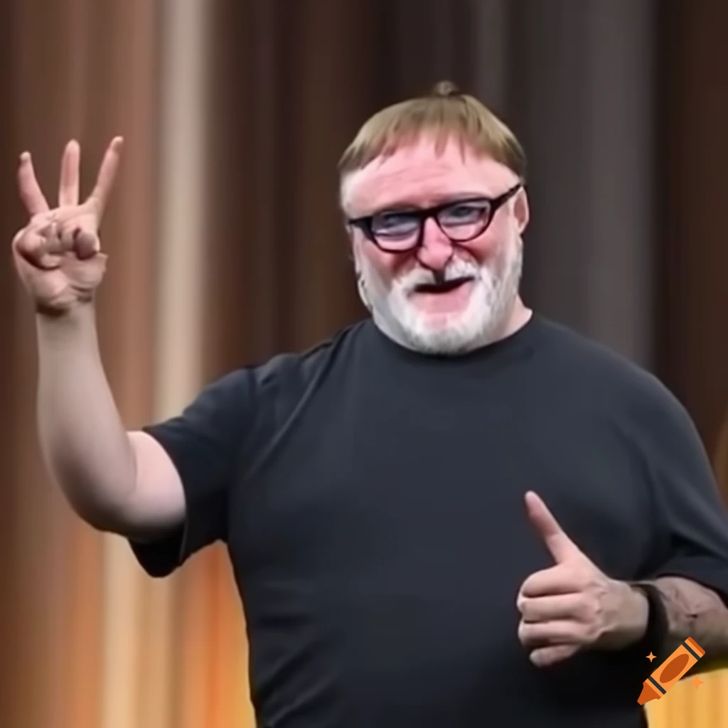 Gabe newell showing excitement with three fingers raised