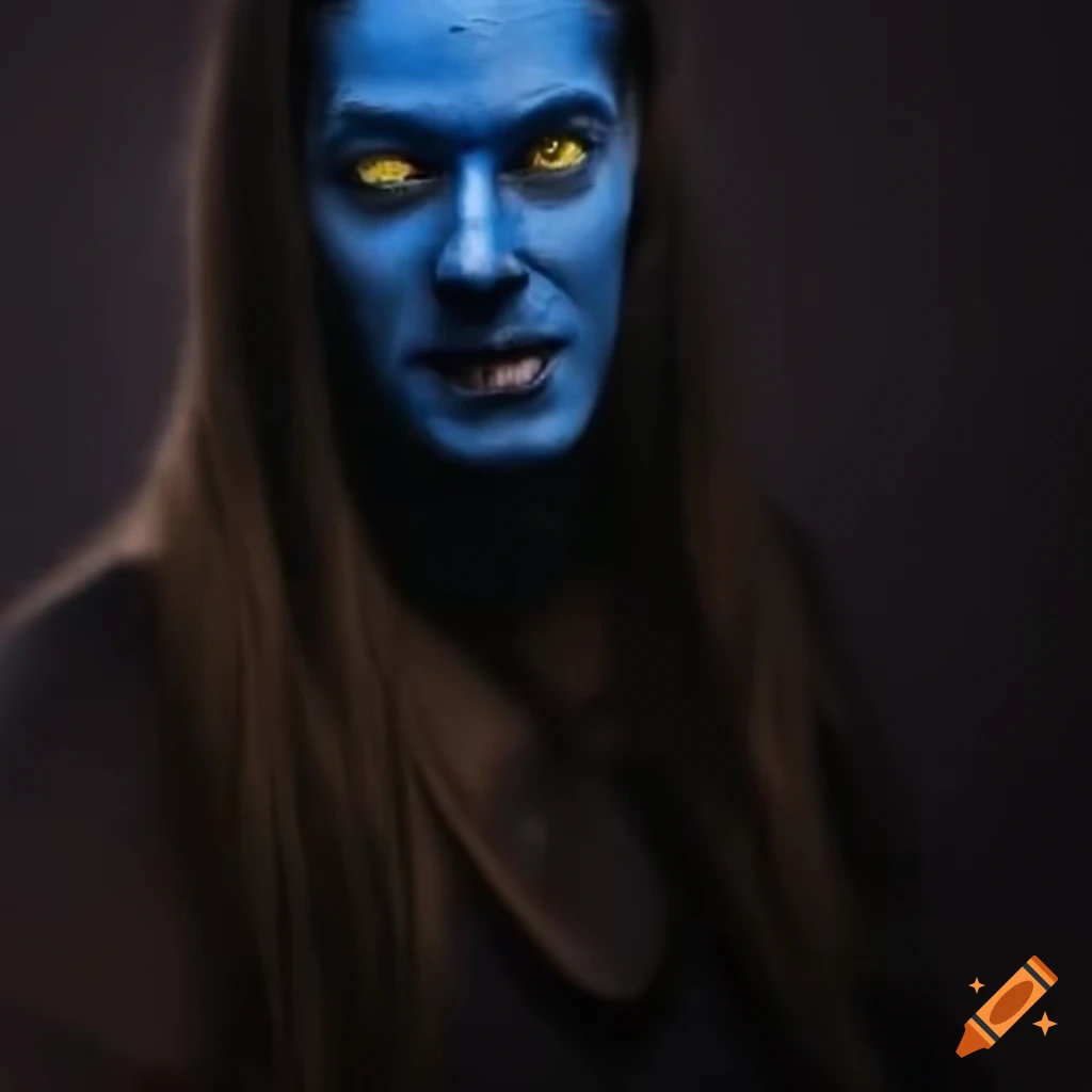 Portrait of a blue man with black eyes and long brown hair on Craiyon