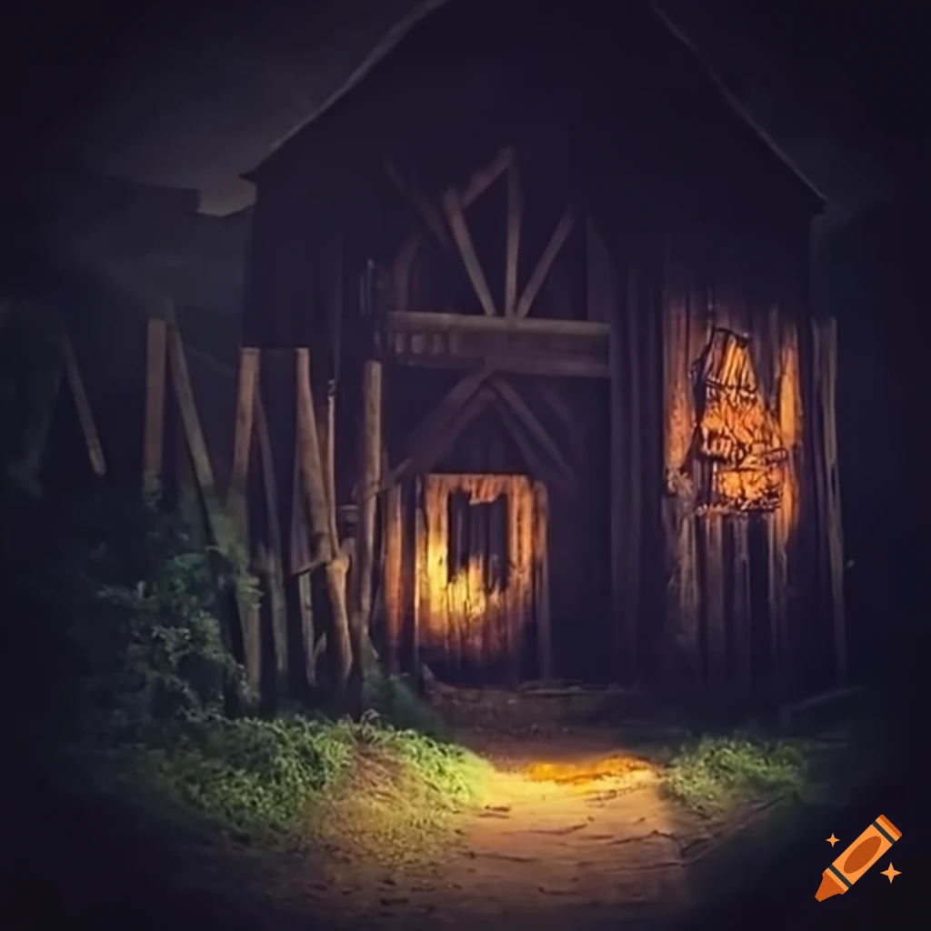 night scene of a haunted barn with jack o lanterns