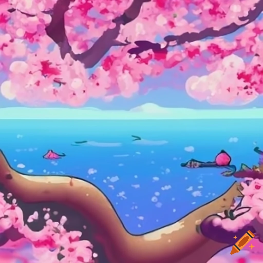cherry blossom tree on an island with ocean view