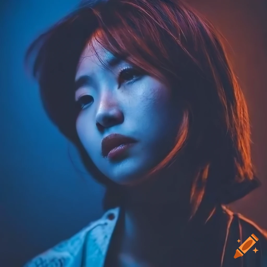 Portrait of a young japanese man in front of a cyberpunk city on craiyon