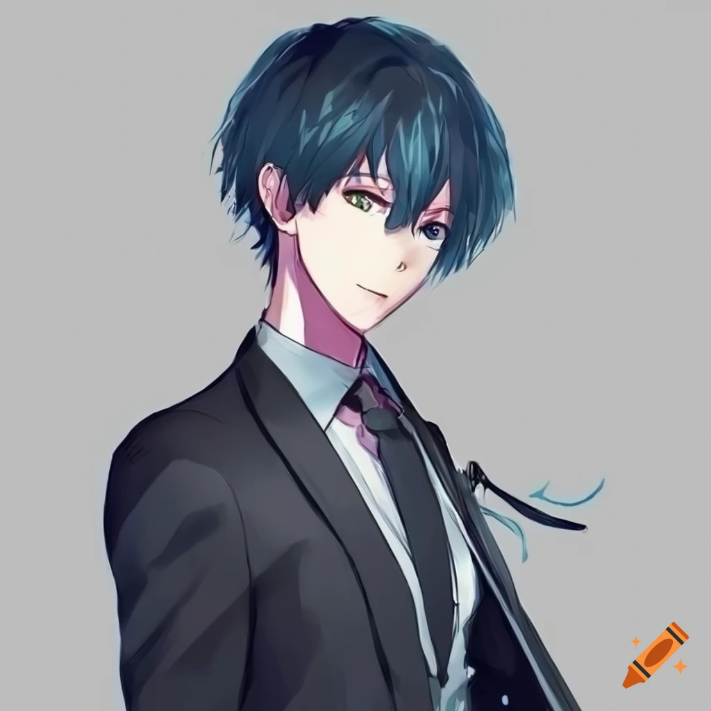 Anime boy with white and blue hair in black clothes on Craiyon