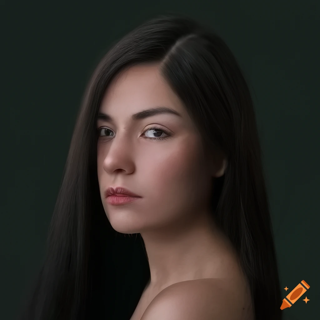 close-up portrait of a young woman with brunette hair and dark eyes