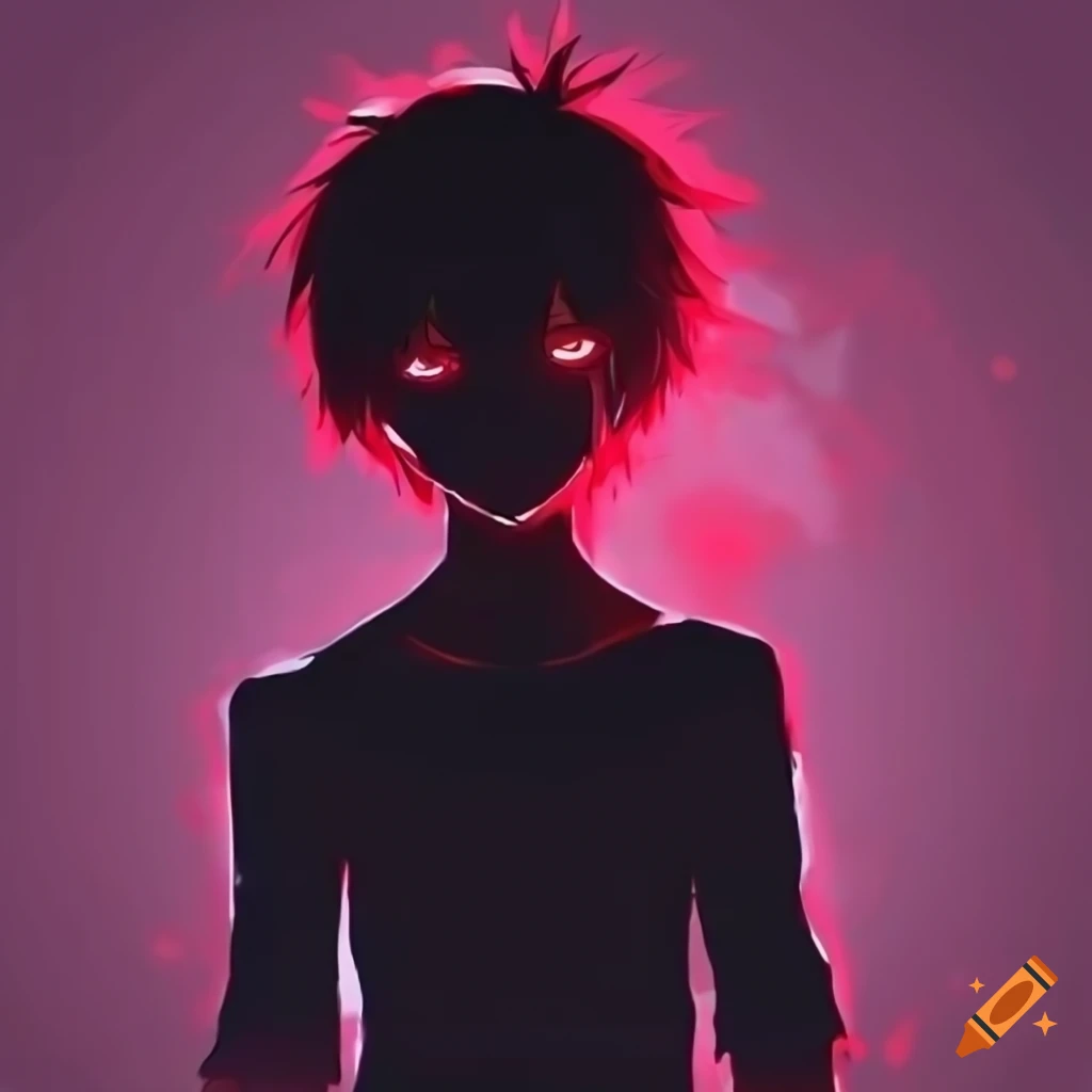 A cool anime boy with red eye glowing like red flames with black hair for a  profile picture on facebook