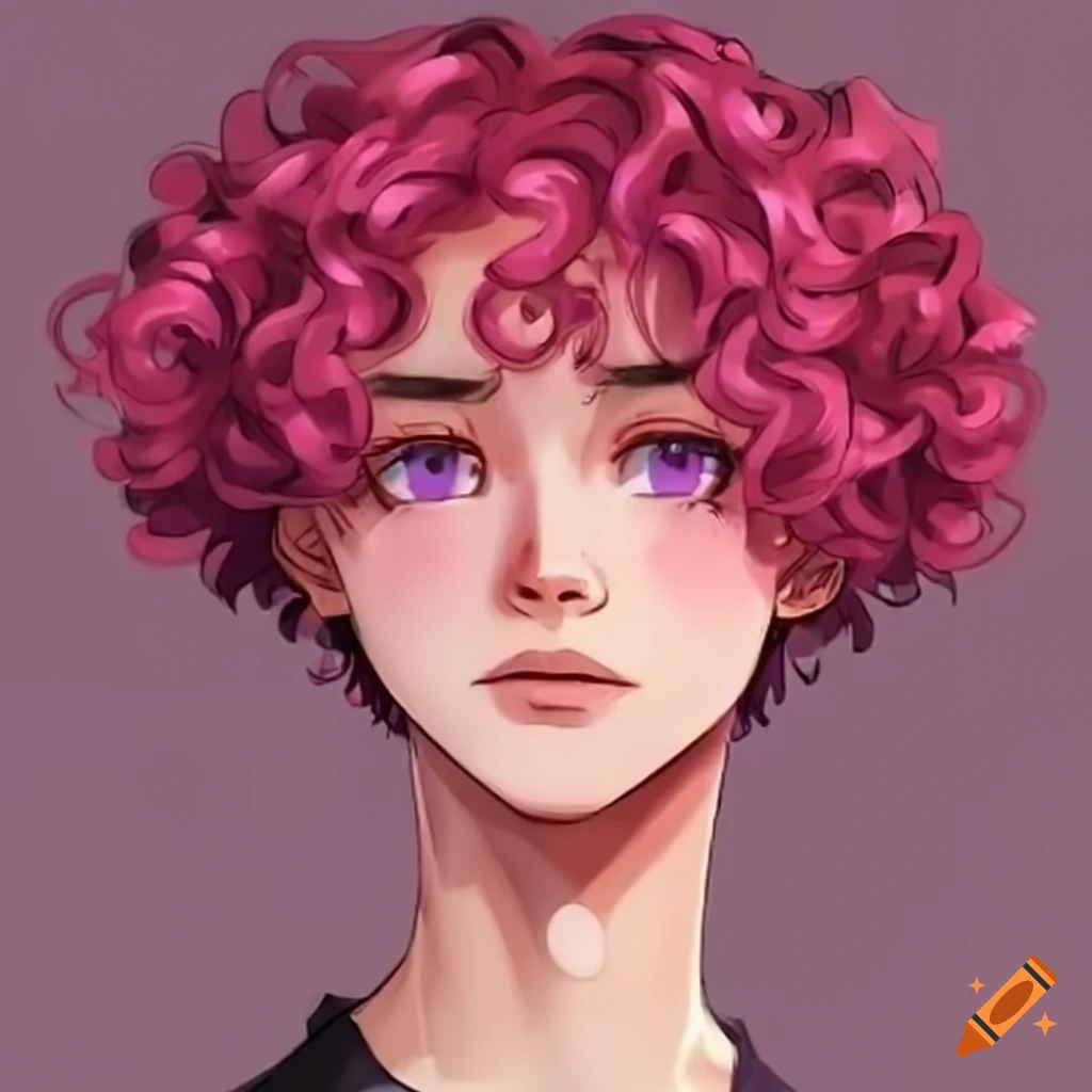 illustration of a cute, young anime-style guy with violet eyes and pink curly hair