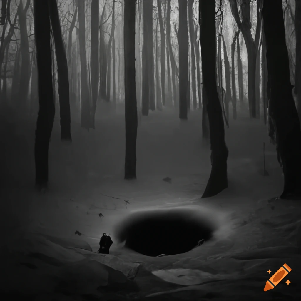 image of a man at the edge of a dark hole in the forest
