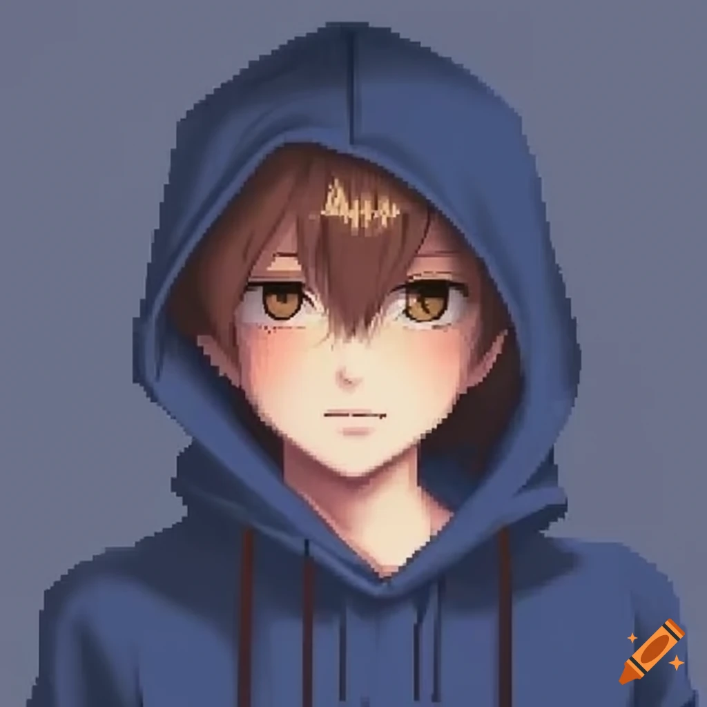 Pixel art of an anime boy with brown hair and brown eyes