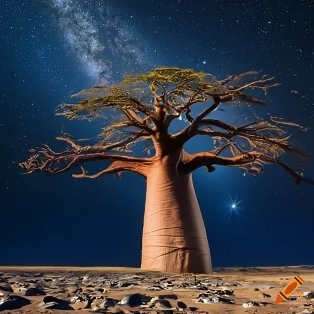 image of a baobab tree on an asteroid with a backdrop of the Milky Way and planets