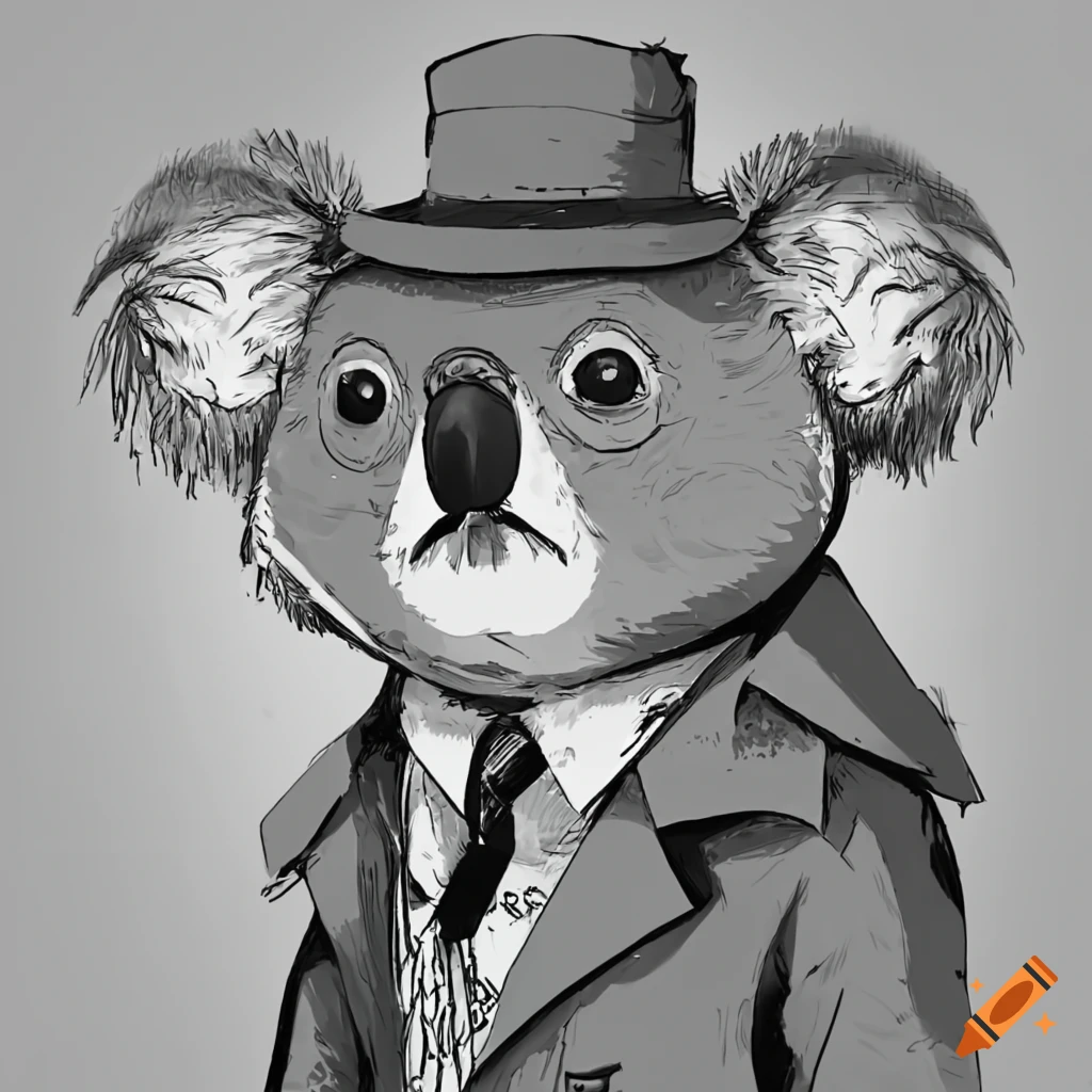 manga style koala detective with trench coat and hat